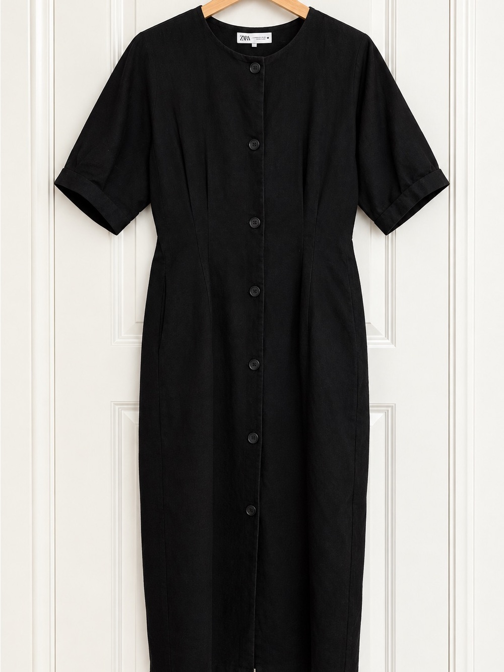 Zara Black Short-Sleeve Button Midi Dress